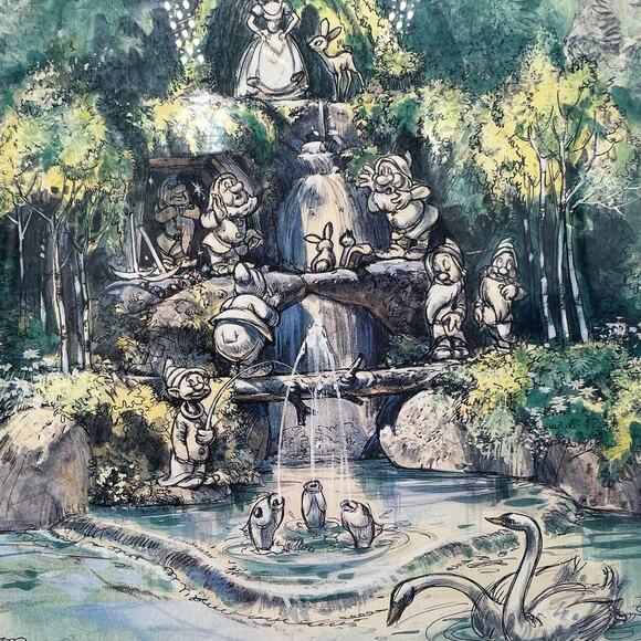 The Disney Gallery Snow White Grotto Watercolor by John Hench 1960 w/ COA Tokyo - Picture 4 of 14